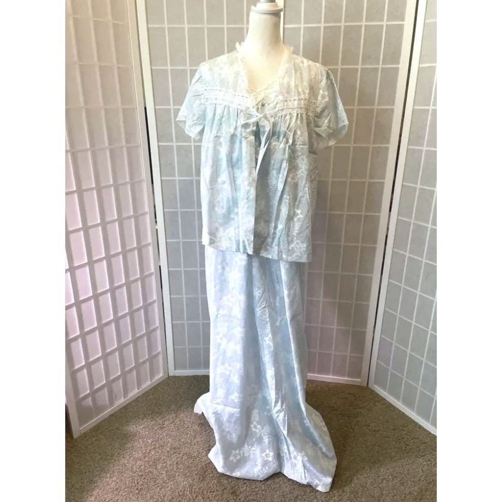 Vintage Sears Nursing Nightgown Set Blue Floral Lace M Cottage USA 1980s Retro